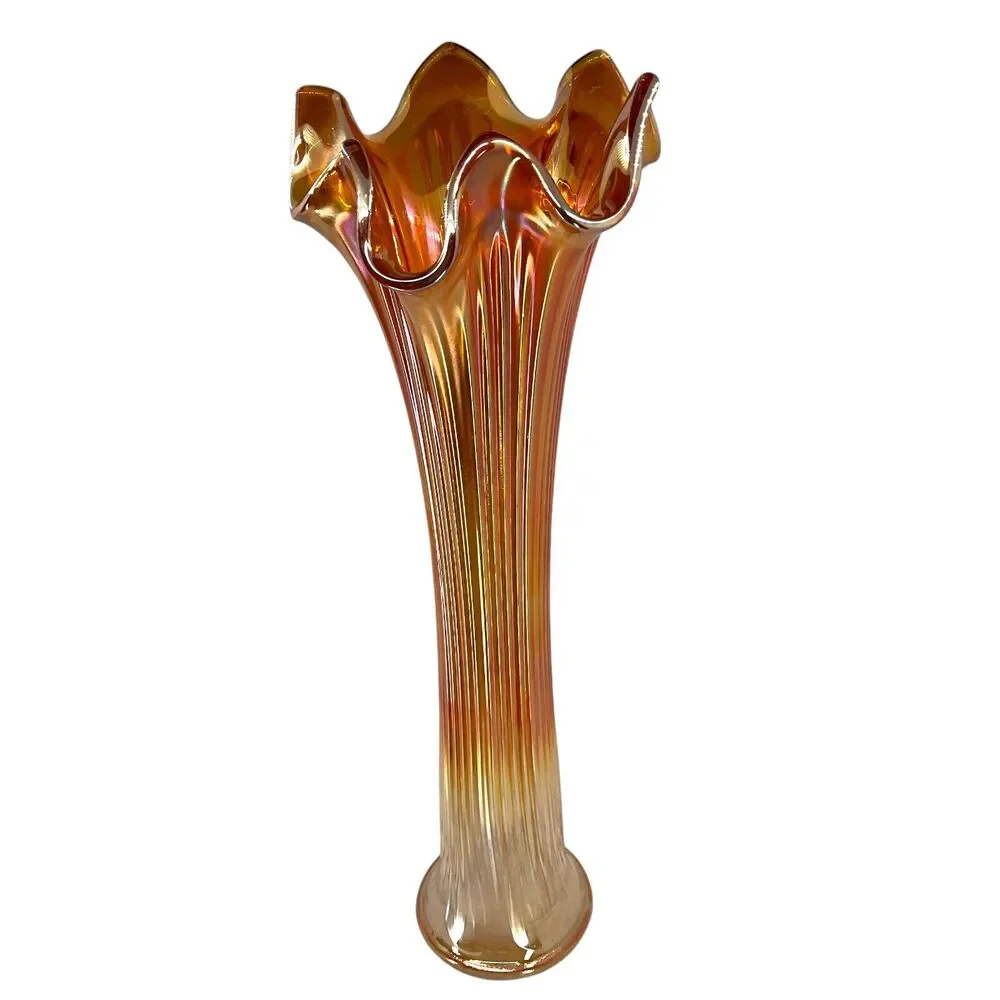Marigold Fenton Swung Glass Vase Carnival Glass Amber Orange Ribbed Six Fingered